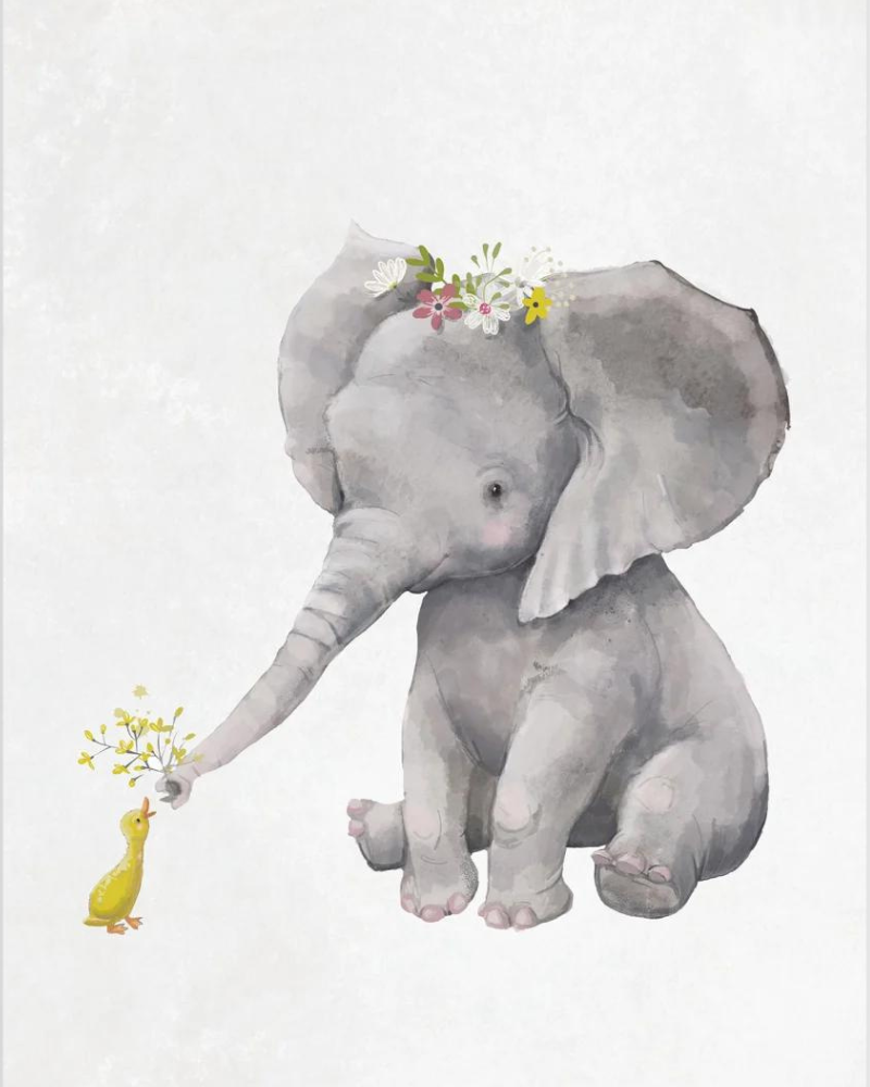 En barnposter för barnrummet. Elefant och ankamotiv. 